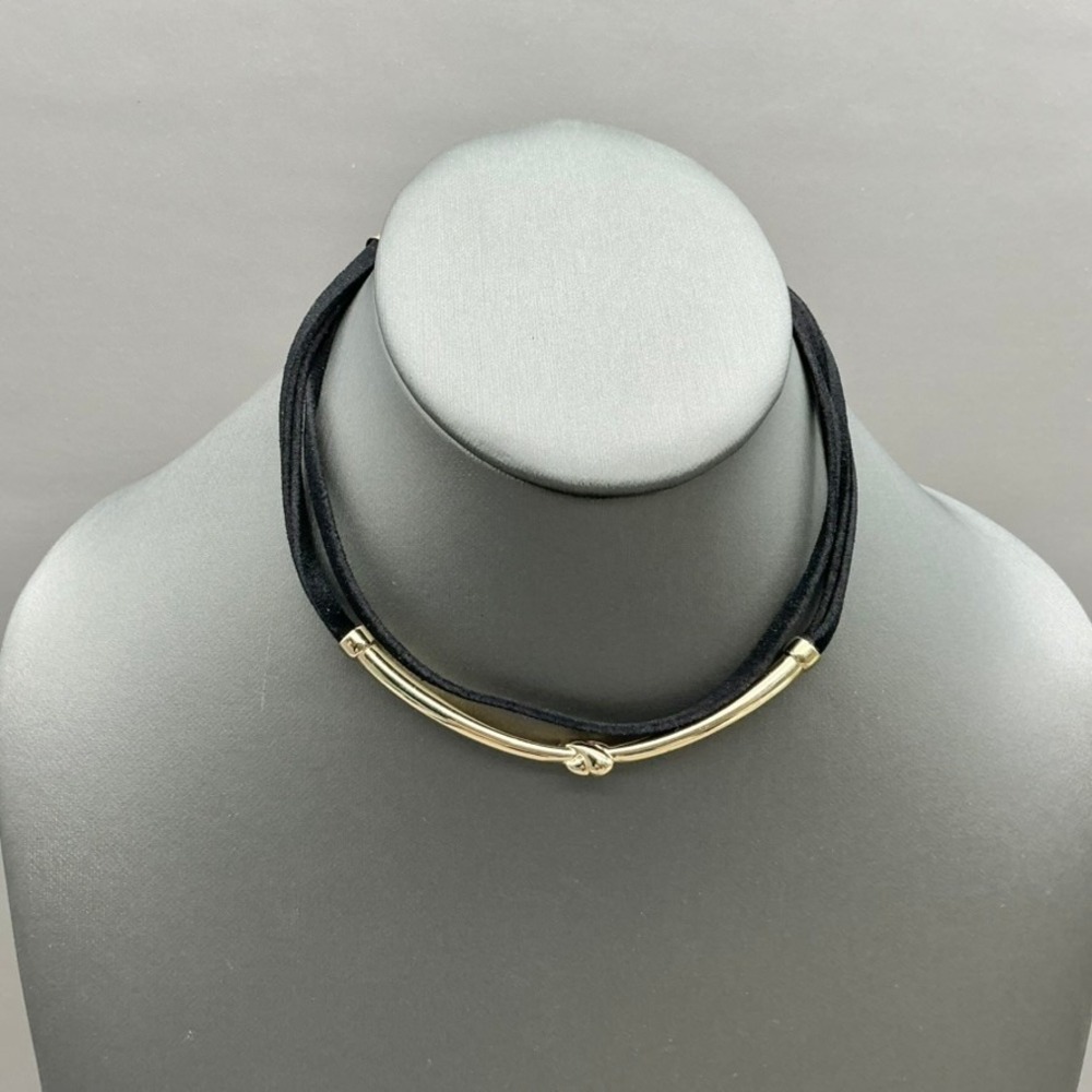 Anne Klein Choker Necklace Women Black Gold Tone Faux Suede Knot Bar Minimalist